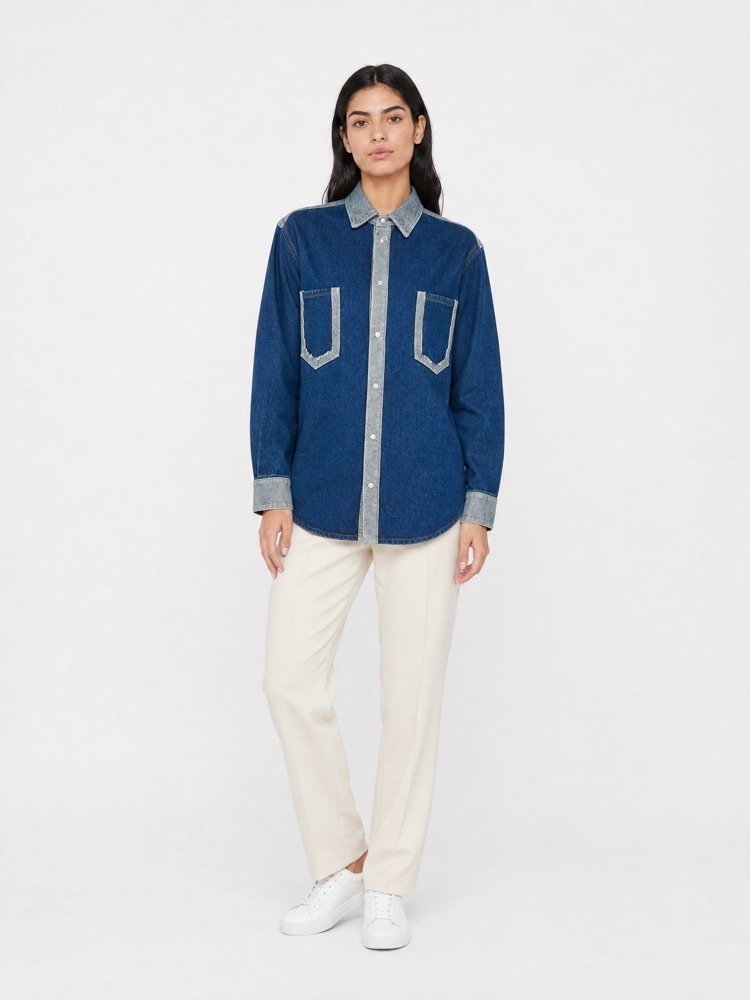 The same denim shirt photographed on a model, generated by Quinn