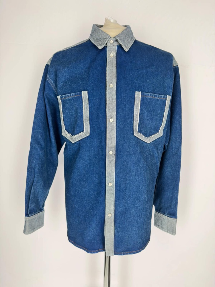 A denim shirt as a plain ghost-mannequin product shot, before Quinn