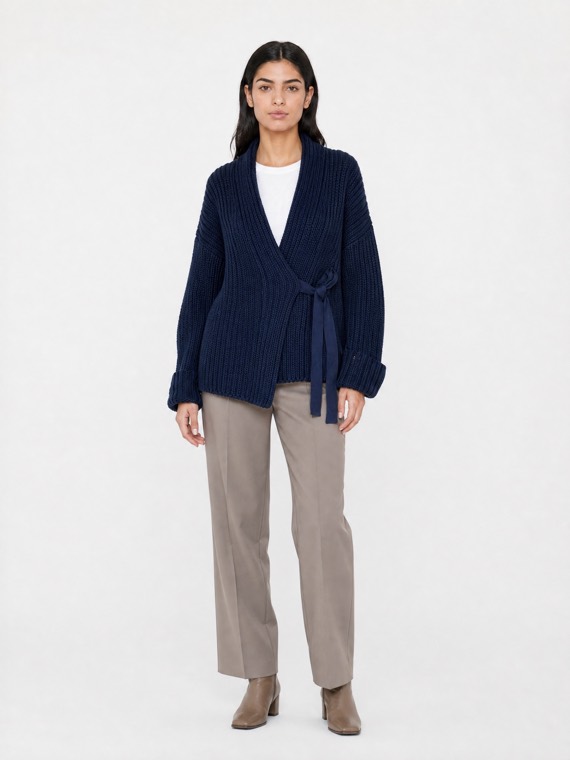 Knit wrap cardigan on a model, generated by Quinn
