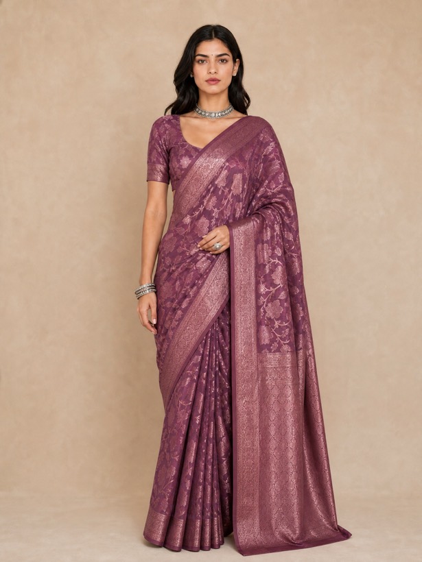 Saree on a model, front view — generated by Quinn