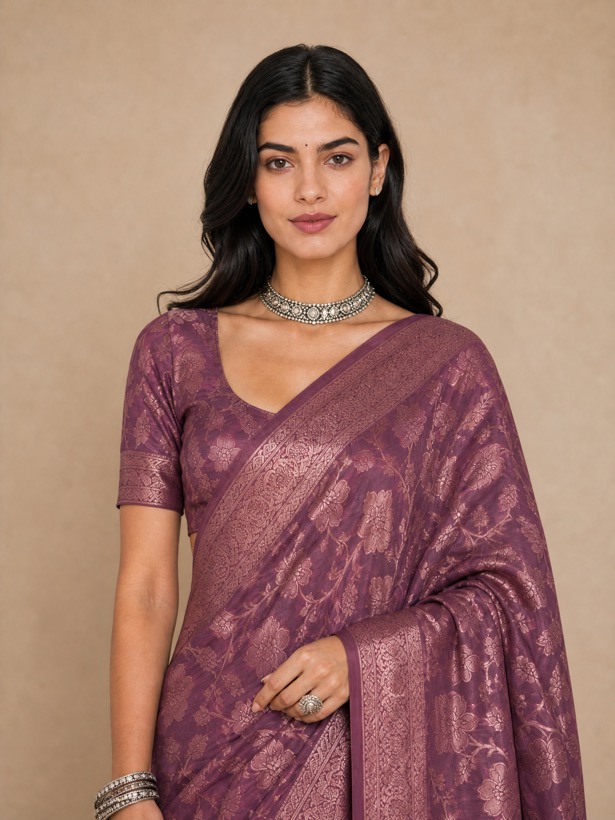 Saree on a model, upper-body detail